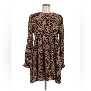 BP. Leopard Print Long Sleeve Babydoll Dress - Tan & Black